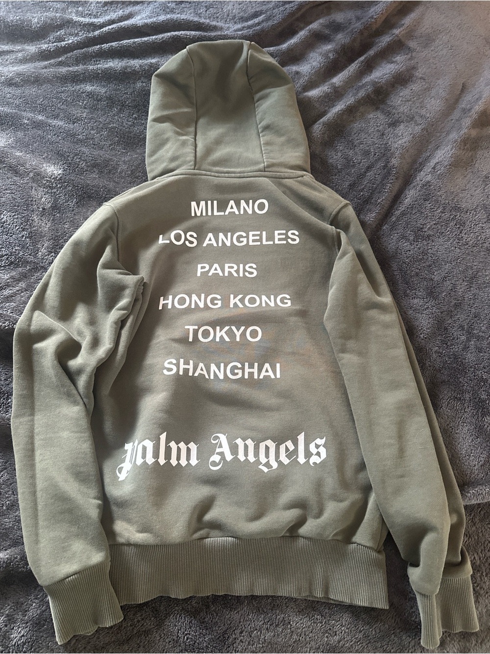 Palm Angels Olive Green City List Hoodie with White Print